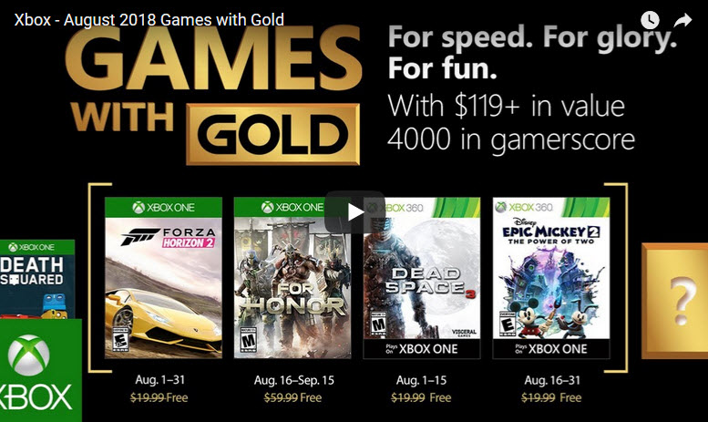 NEWS – Free Xbox Games with Gold August 2018