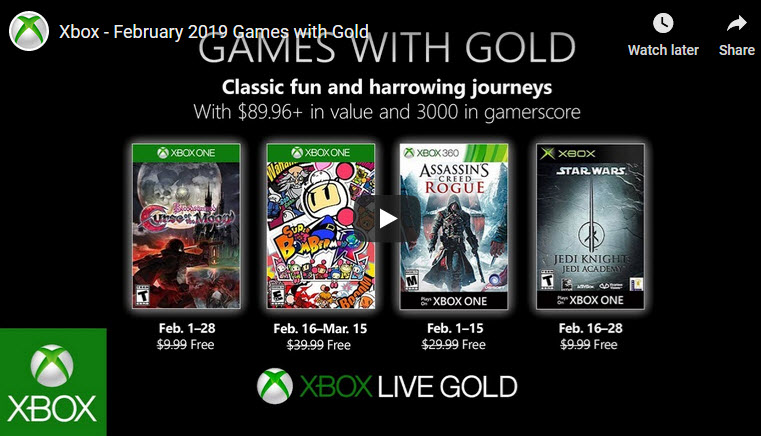 NEWS – Xbox Live Games With Gold For February 2019